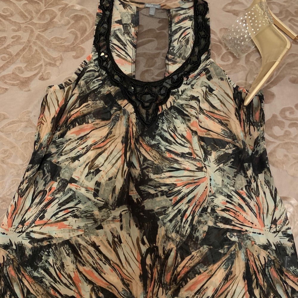Mixed print Jeweled blouse